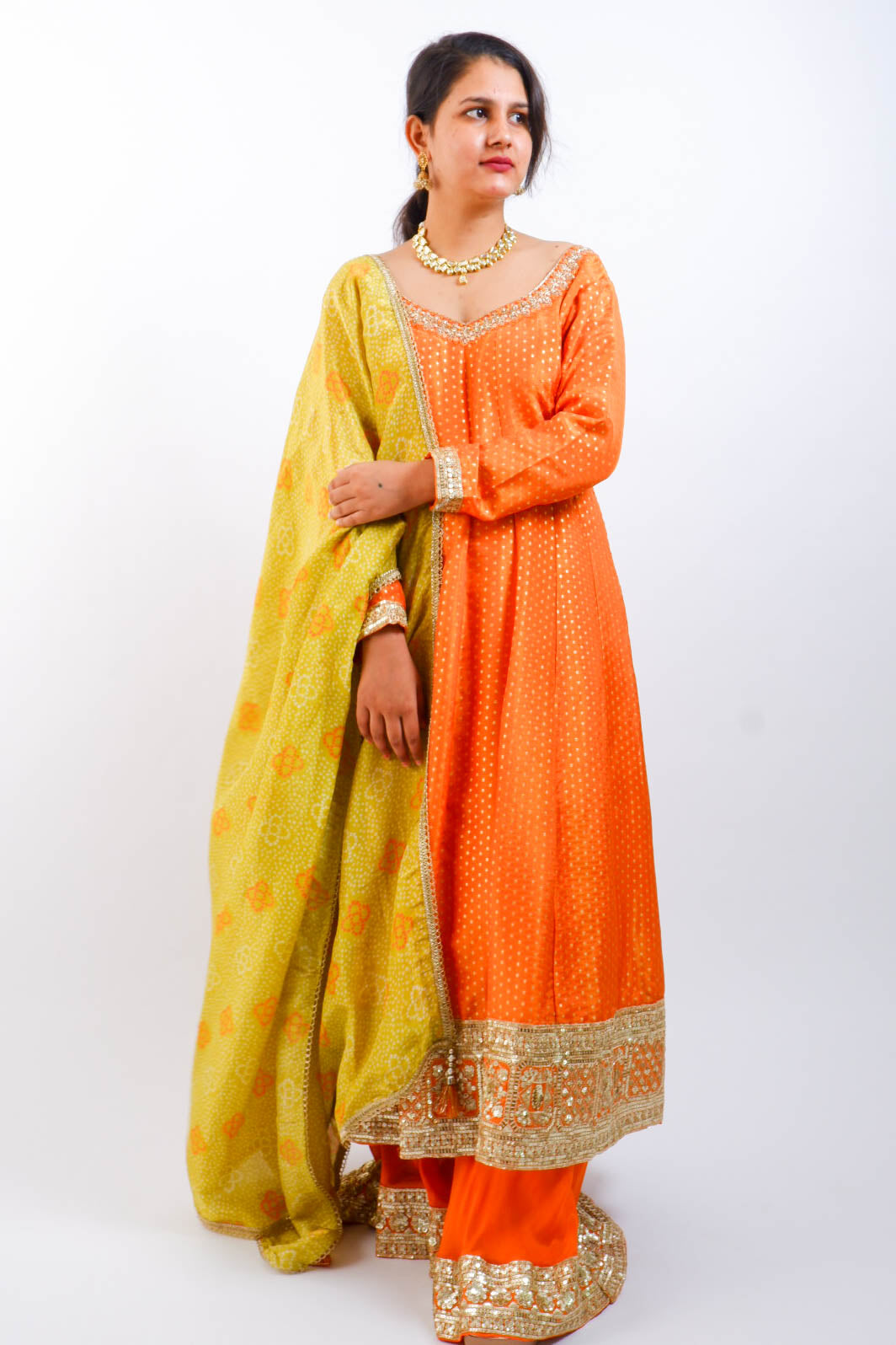 DH146-O-Orange Green Anarkali Sharara Suit - Dharini's Store