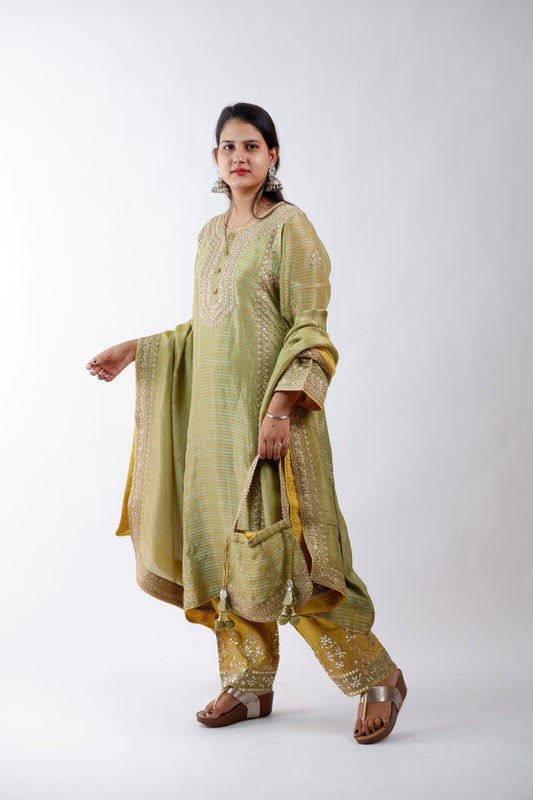 DH234-Olive GreenSuit With Intricate Golden Embroidery & Potli bag