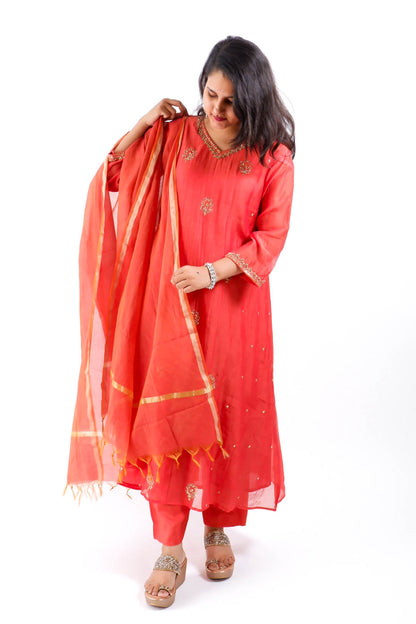 DH176-R-Rust colour Embroidered Kurta Set - Dharini's Store