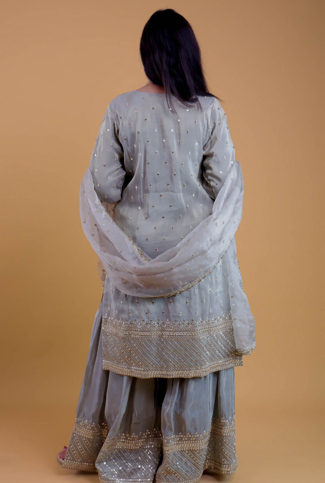 DH 145-G-Elegant Grey Embroidered Tissue Shimmer Suit Set - Dharini's Store