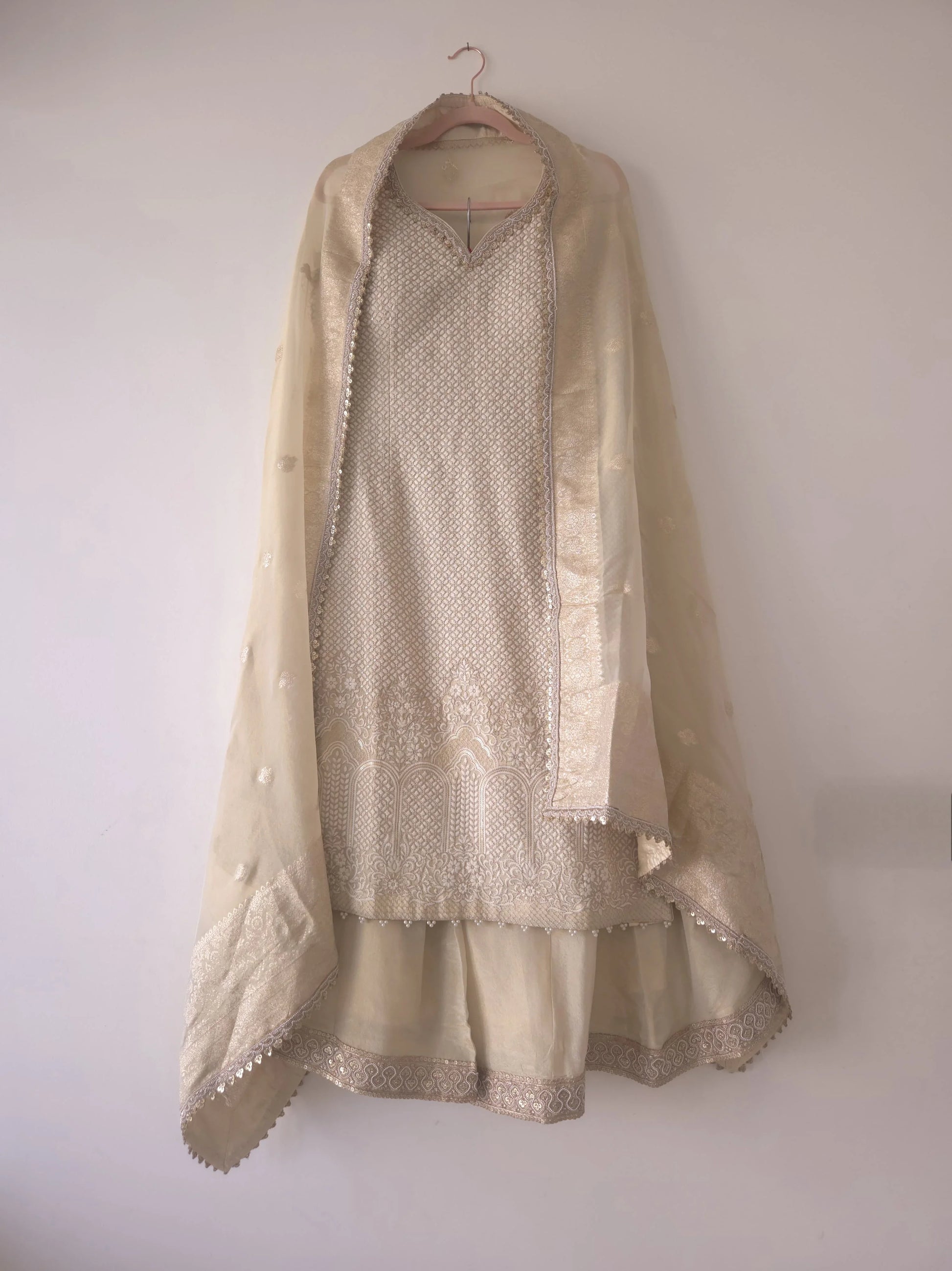 DH 147-Classic Golden Beige Embroidered Suit Set - Dharini's Store