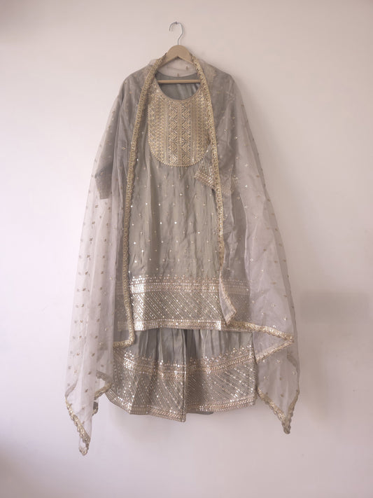 DH 145-G-Elegant Grey Embroidered Tissue Shimmer Suit Set