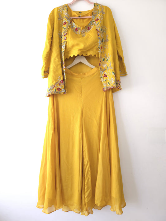 DH118-Y-Yellow Palazzo Suit with Embroidered Jacket