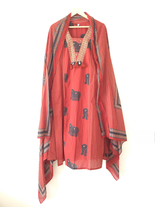 DH131-R-Rust Red Elephant Print Cotton Suit with Dupatta