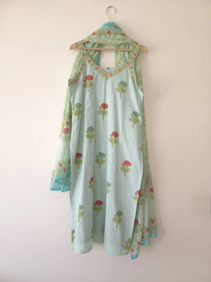 DH 124-B-Soft Mint Green Suit with Floral Print & Dupatta - Dharini's Store