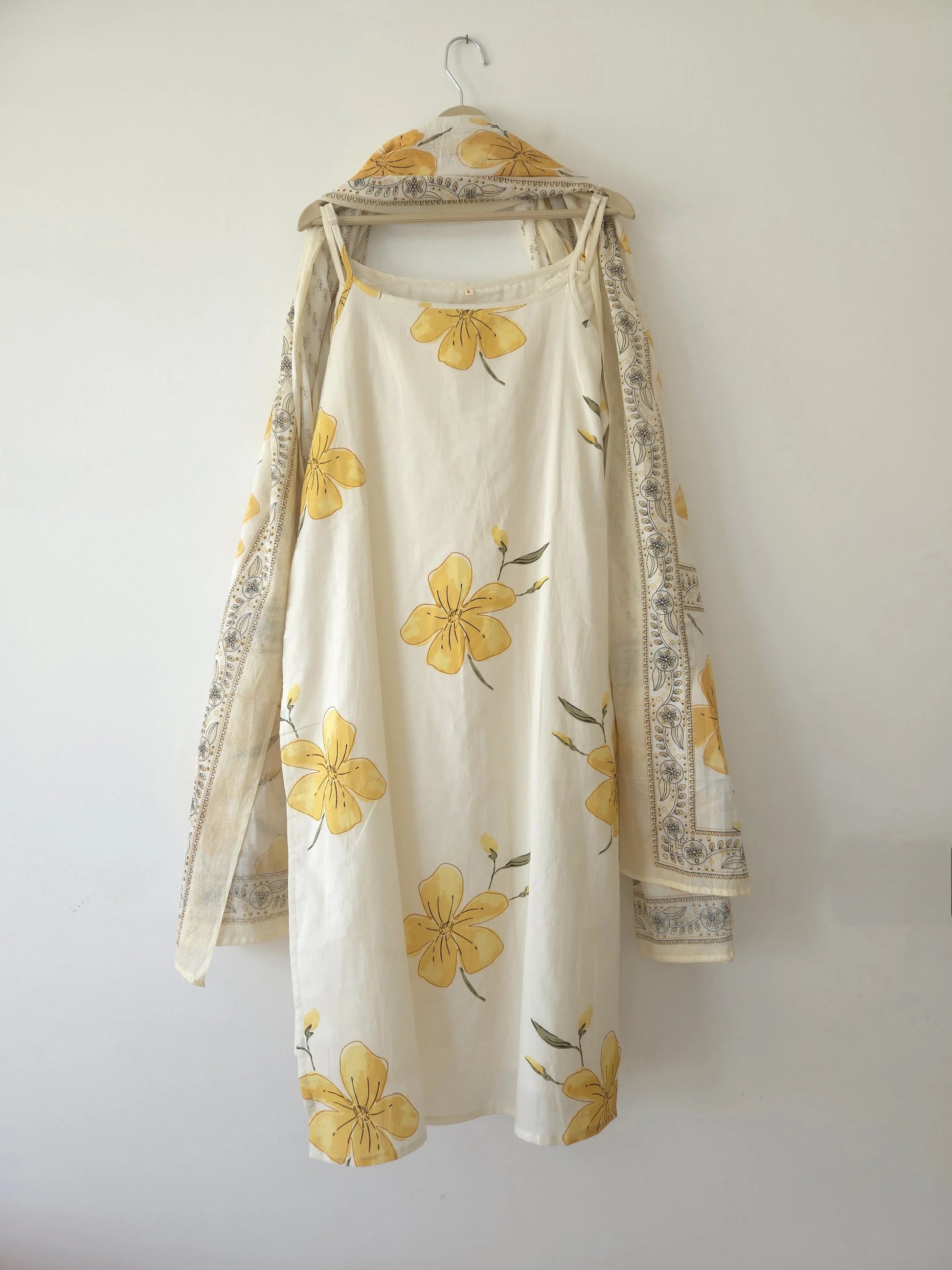 DH122-W-White Dress with Yellow Floral Print & Dupatta - Dharini's Store