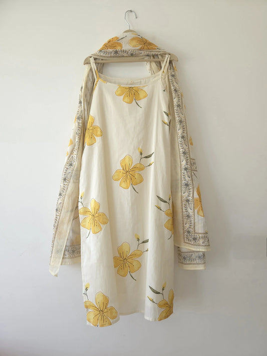 DH122-W-White Dress with Yellow Floral Print & Dupatta - Dharini's Store