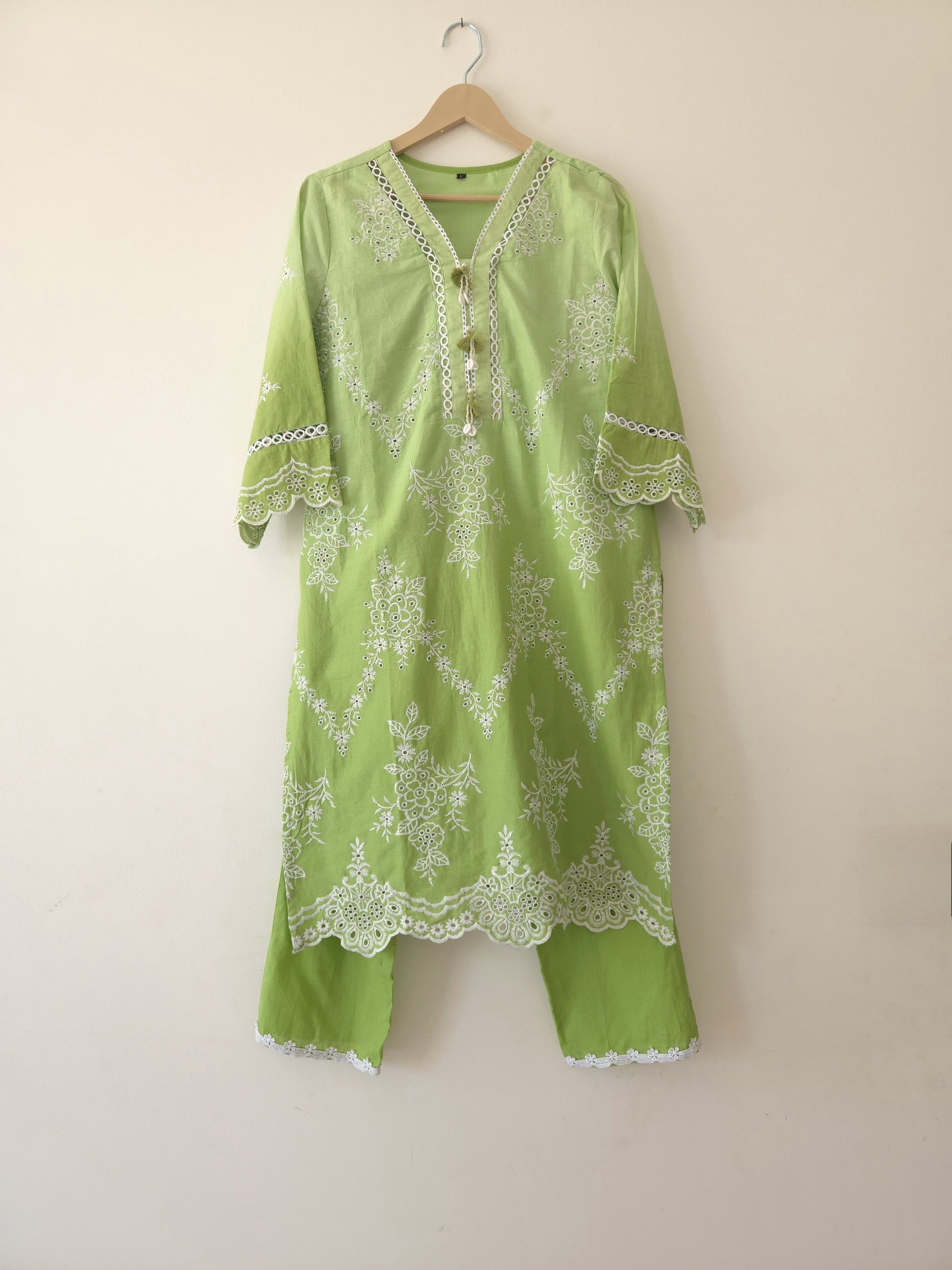 DH 169-G-Light Green Embroidered Kurta and Pants Set - Dharini's Store