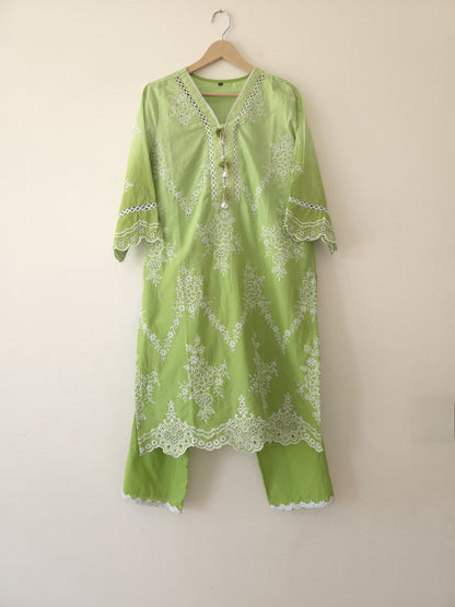 DH 169-G-Light Green Embroidered Kurta and Pants Set - Dharini's Store