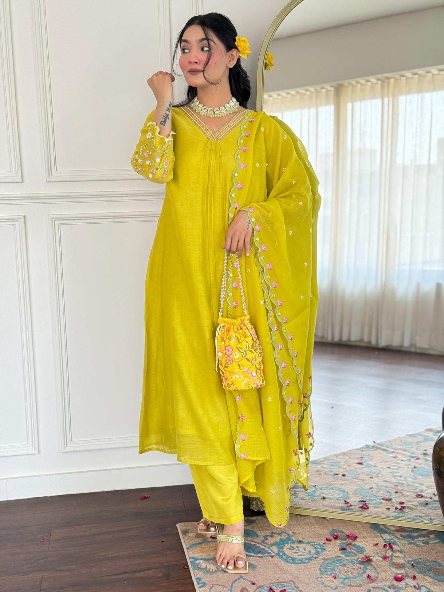 DH173-YG-Elegant Lime Yellow Mul Chanderi Suit Set with Embroidered Dupatta - Dharini's Store