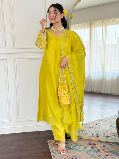 DH173-YG-Elegant Lime Yellow Mul Chanderi Suit Set with Embroidered Dupatta - Dharini's Store