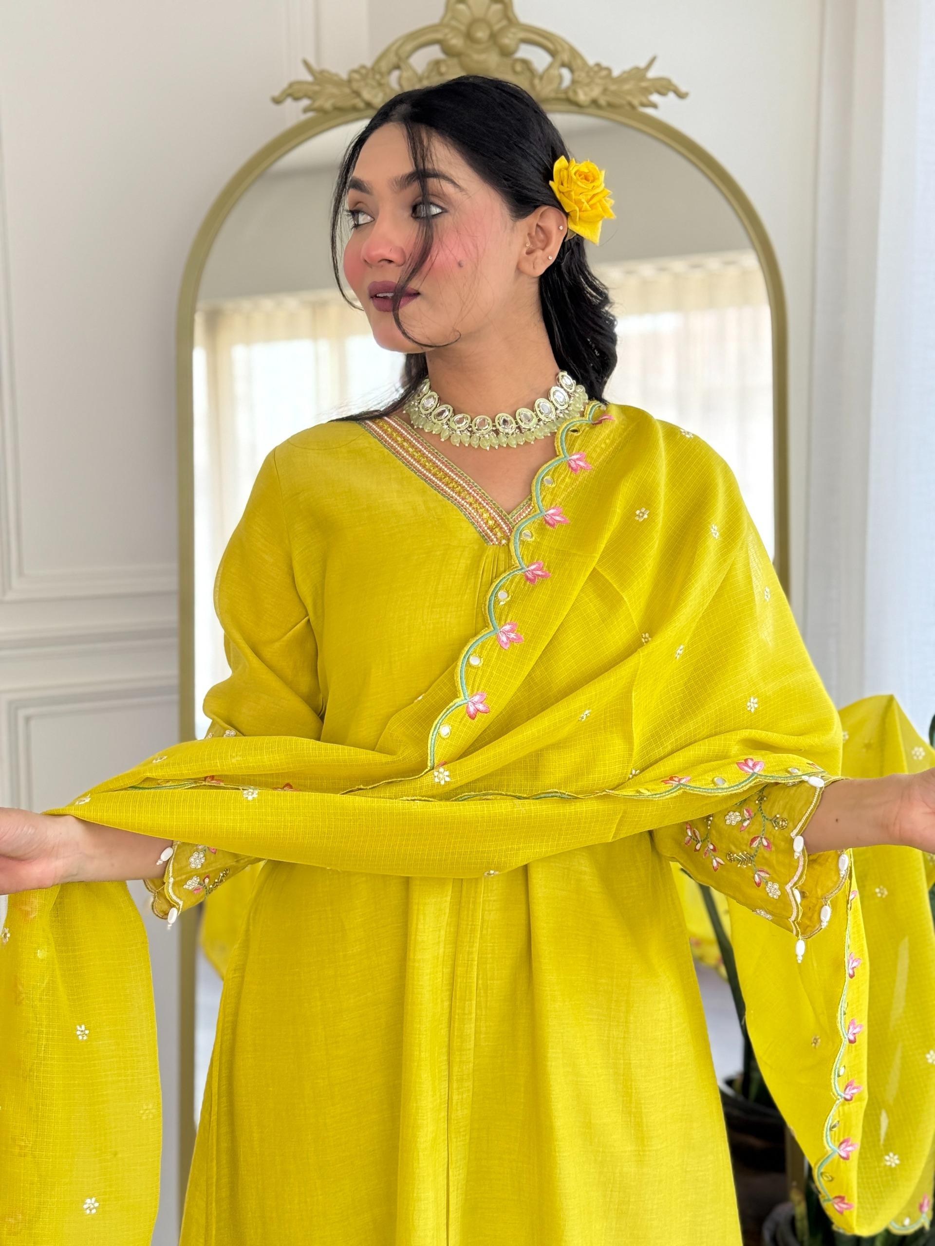 DH173-YG-Elegant Lime Yellow Mul Chanderi Suit Set with Embroidered Dupatta - Dharini's Store