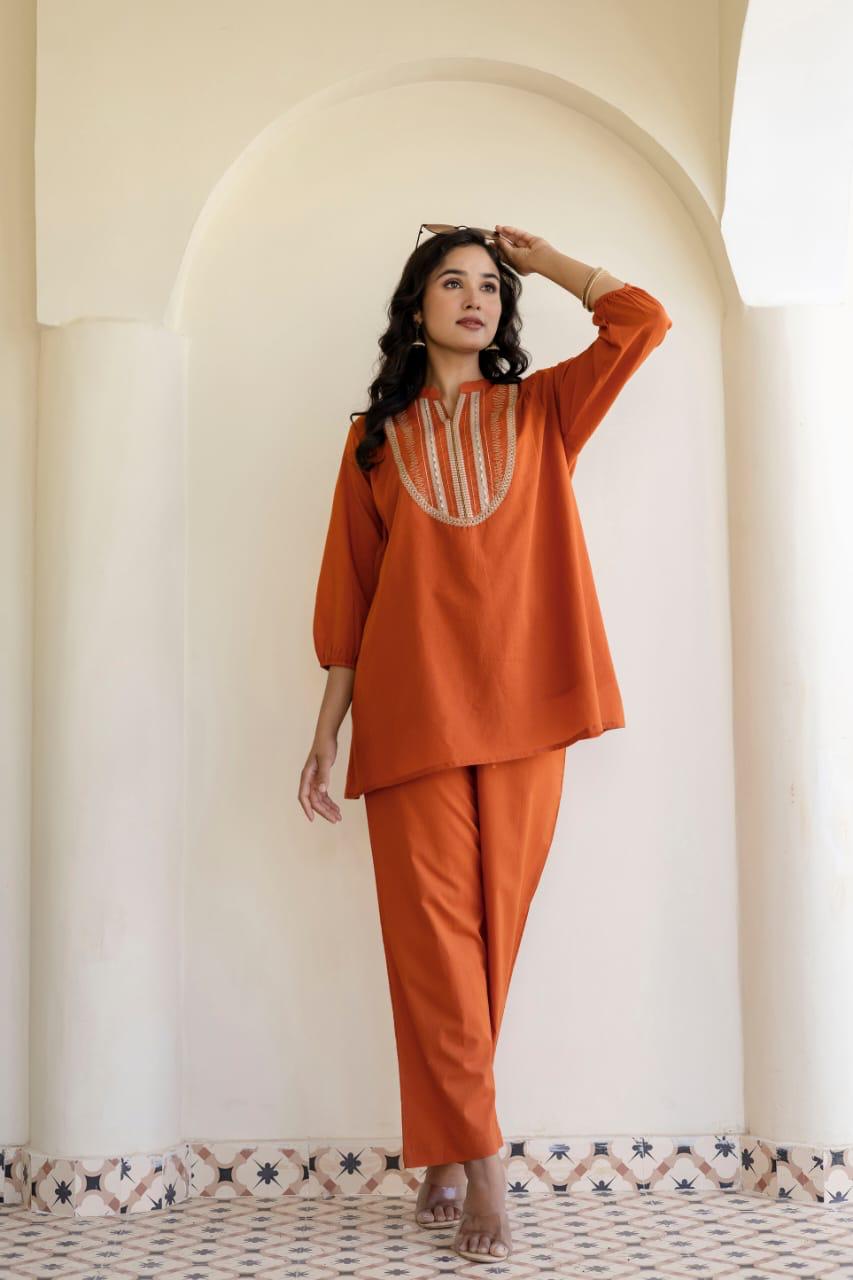 DH170-O-Elegant Burnt Orange Cotton Suit Set - Dharini's Store