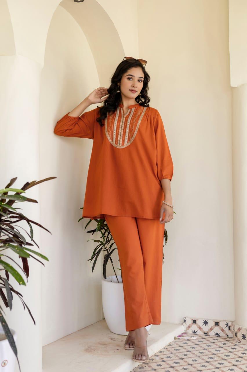 DH170-O-Elegant Burnt Orange Cotton Suit Set - Dharini's Store