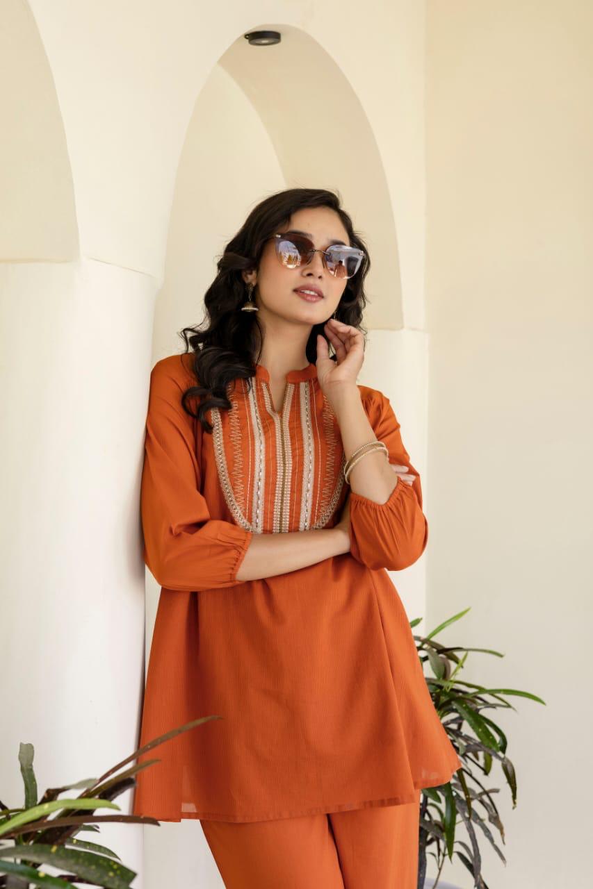 DH170-O-Elegant Burnt Orange Cotton Suit Set - Dharini's Store