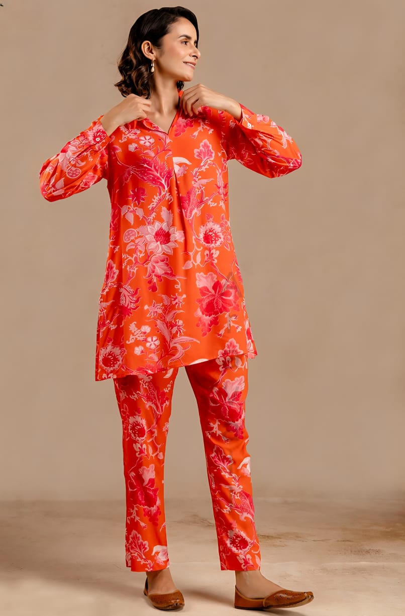 DH 174-R-Bright Orange Floral Co-ord Set - Dharini's Store