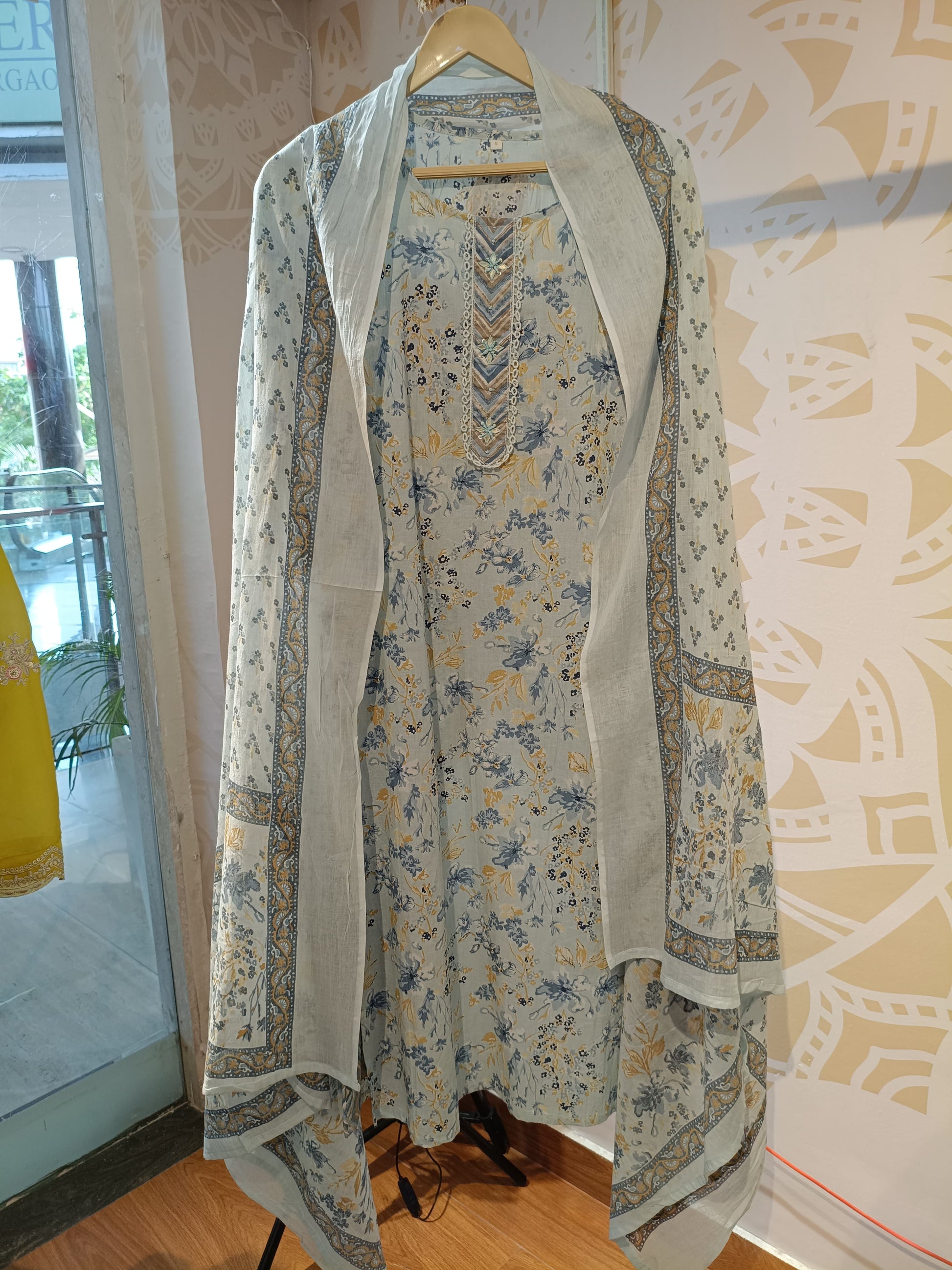 DH109-B-Powder Blue Printed Cotton Suit Set - Dharini's Store