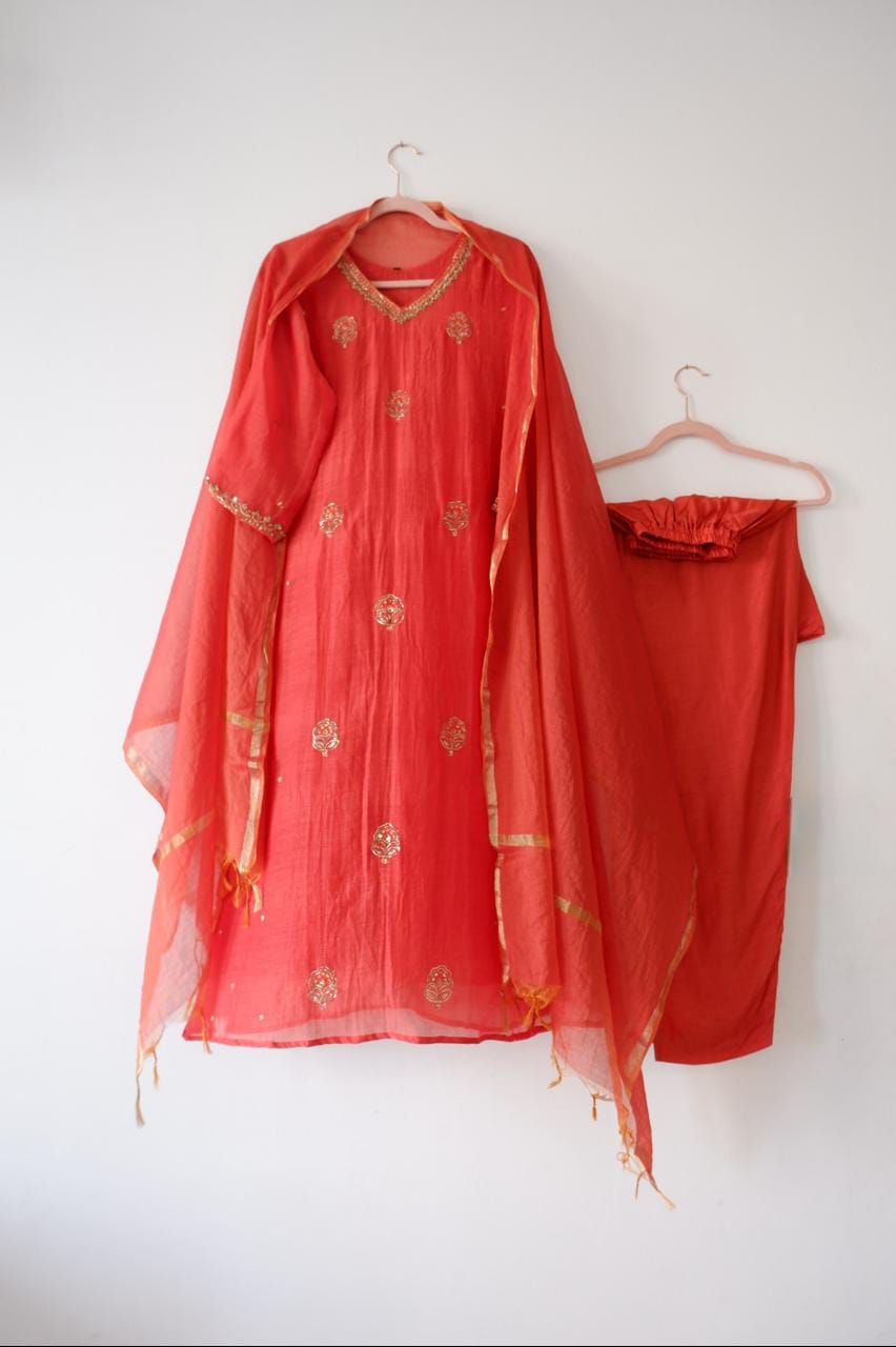 DH176-R-Rust colour Embroidered Kurta Set - Dharini's Store