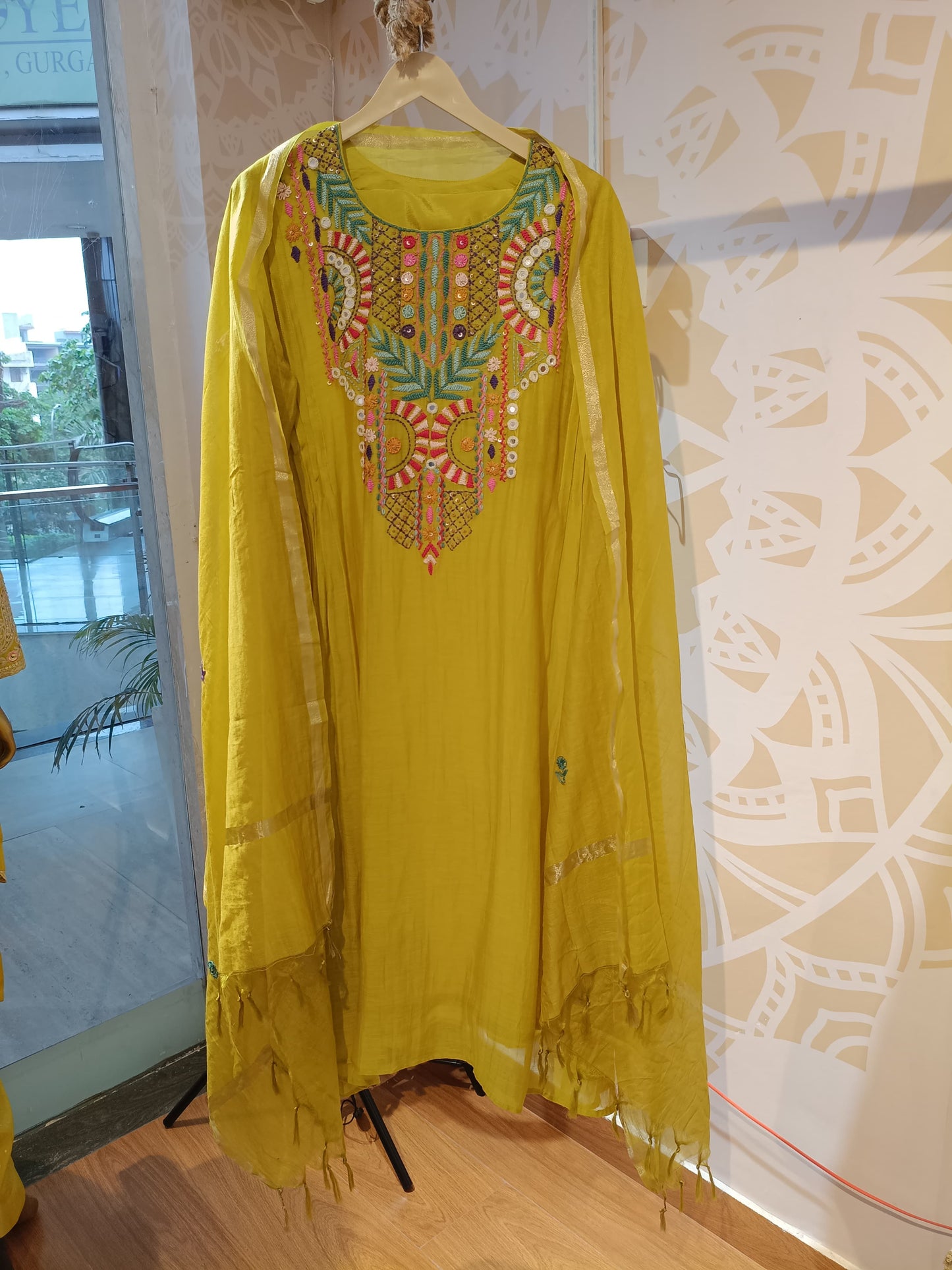 DH181-G-Elegant Mul Chanderi Suit with Hand Embroidered Neckline - Dharini's Store