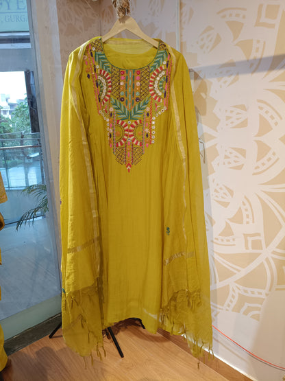 DH181-G-Elegant Mul Chanderi Suit with Hand Embroidered Neckline - Dharini's Store