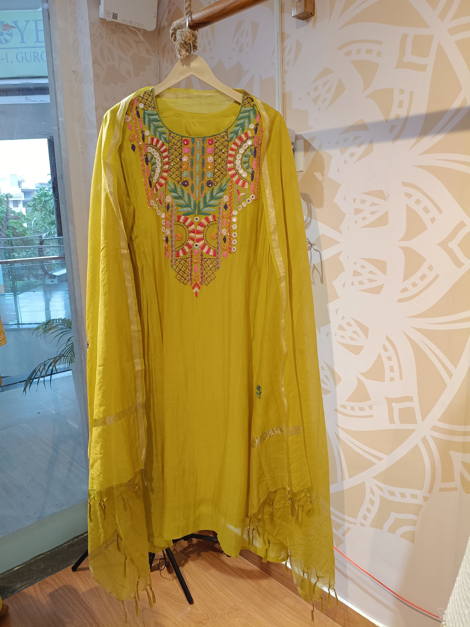 DH181-G-Elegant Mul Chanderi Suit with Hand Embroidered Neckline - Dharini's Store