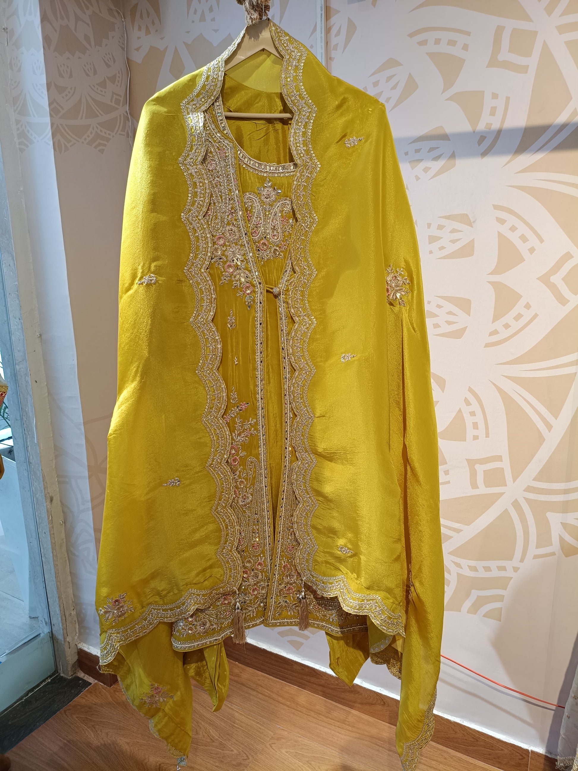 DHS046 Y-Mustard Yellow Embroidered Suit Set - Dharini's Store