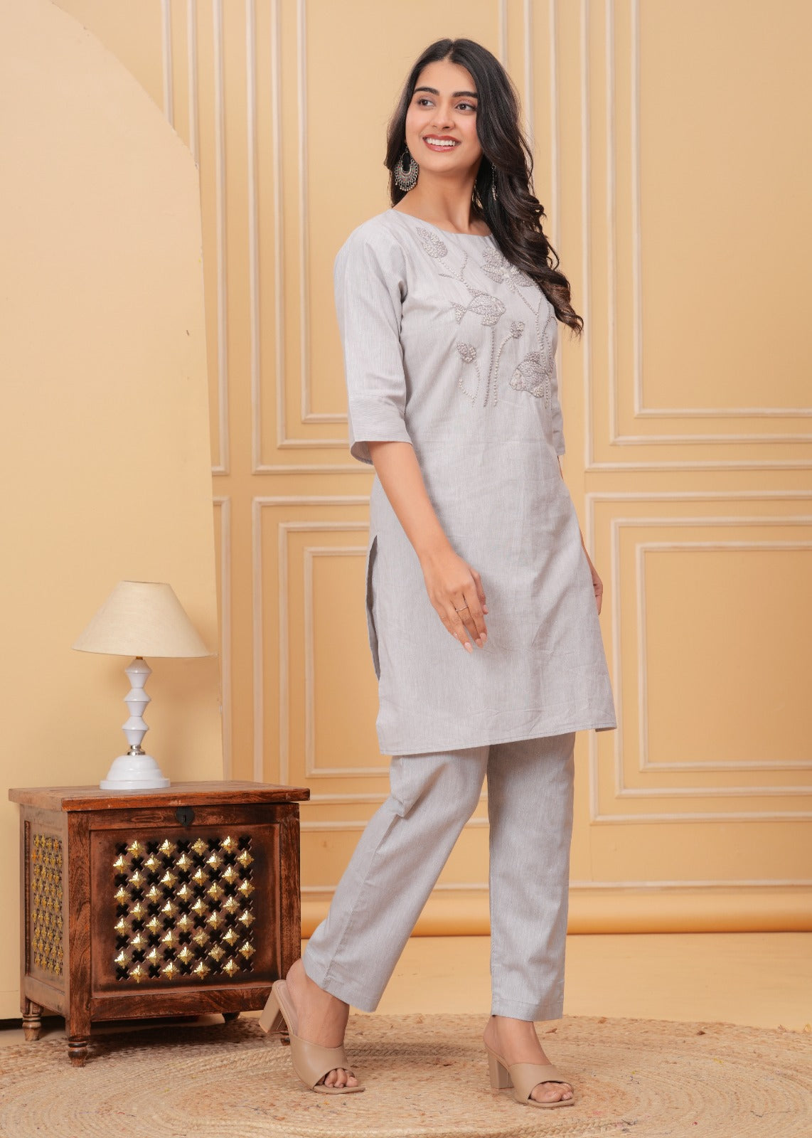 DH188- Elegant Grey Embroidered Kurti Set