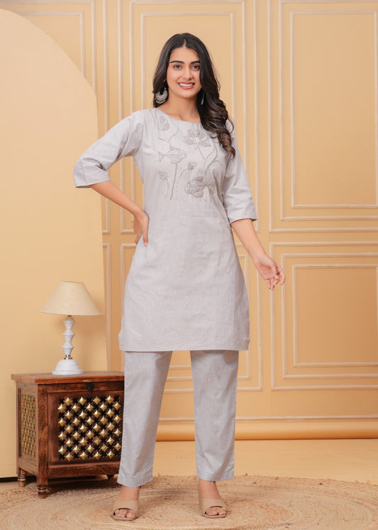DH188- Elegant Grey Embroidered Kurti Set
