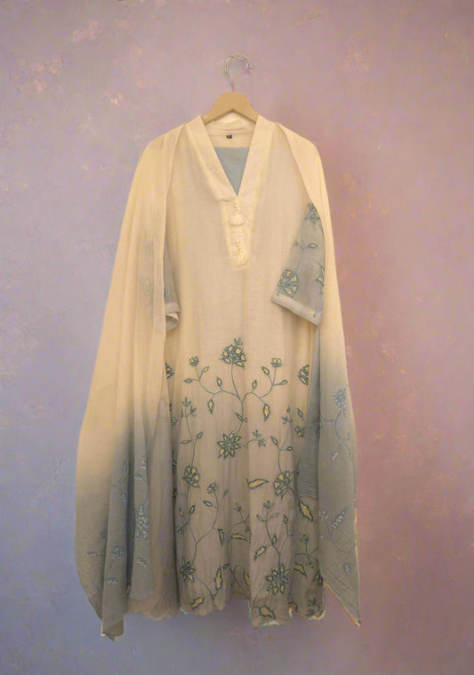 DH114-WB, Dual Shade Blue Mul Chanderi with Hand Embroidery