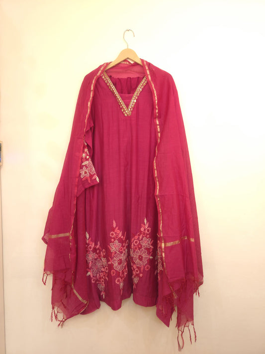 DH113-P, Rani Pink Mul Chanderi with Hand Embroidery