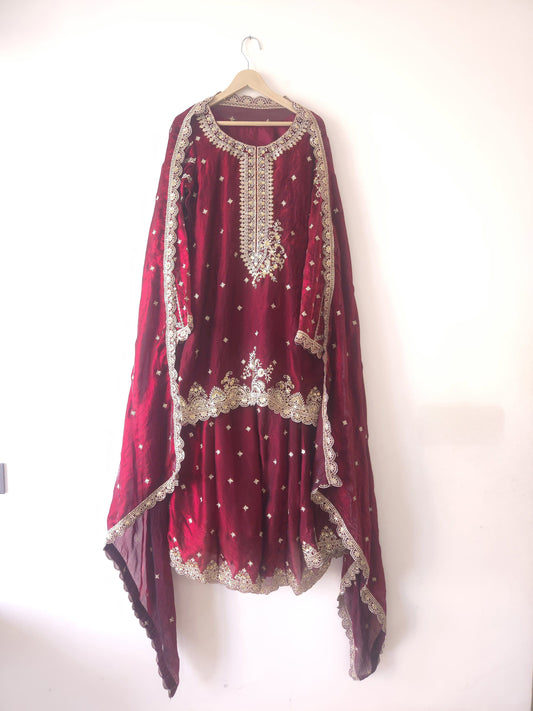 DH143-M-Luxurious Maroon Embroidered Tissue Shimmer Suit Set