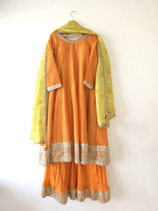 DH146-O-Orange Green Anarkali Sharara Suit