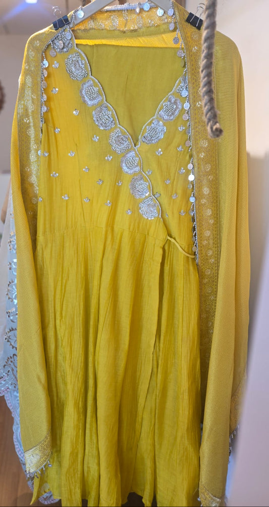 DHO87-Y Masakkali Yellow  Embroidered Angrakha Set