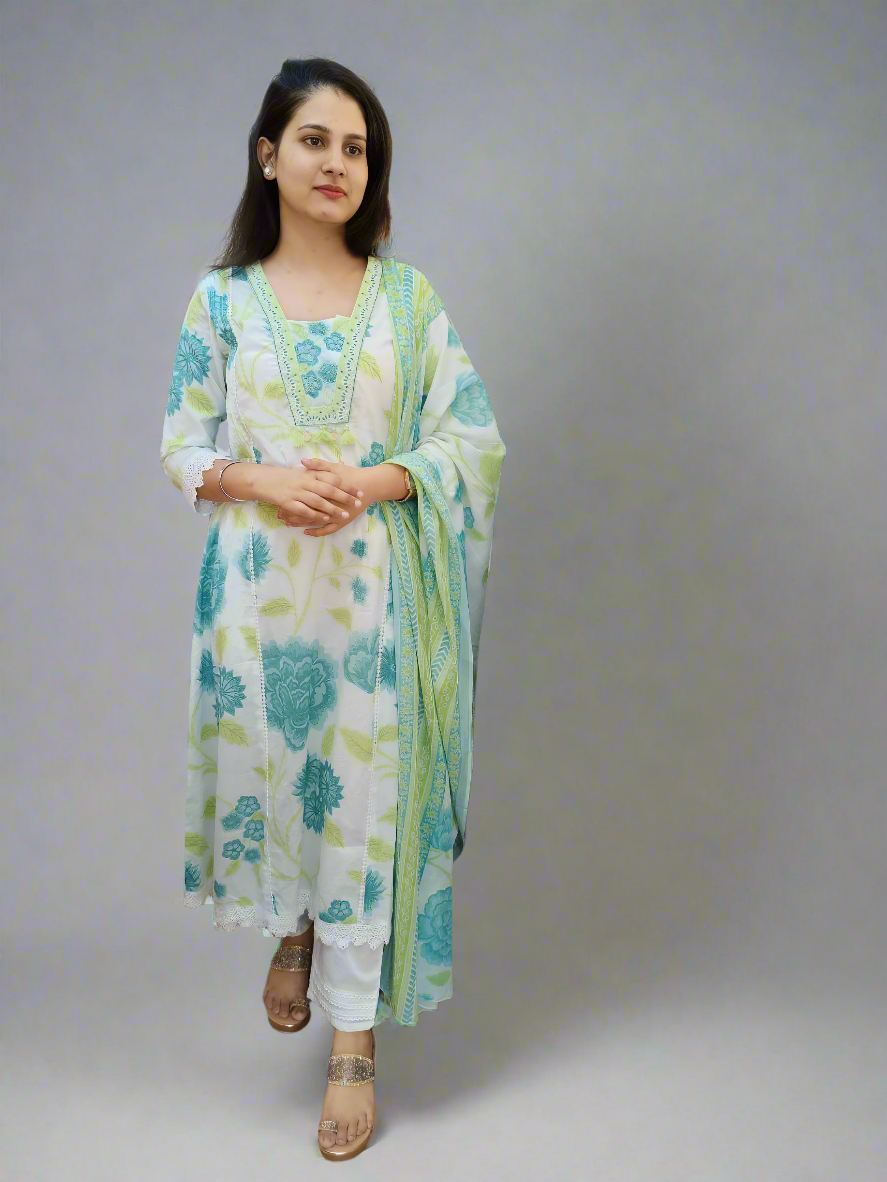 DH123-Cotton Floral Print Kurta Set with Dupatta - Dharini's Store