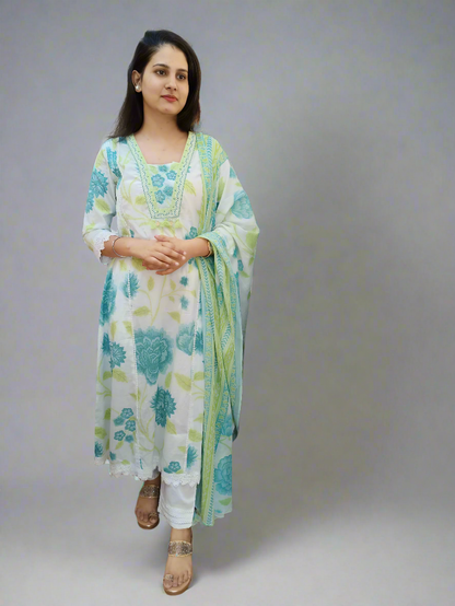 DH123-Cotton Floral Print Kurta Set with Dupatta - Dharini's Store