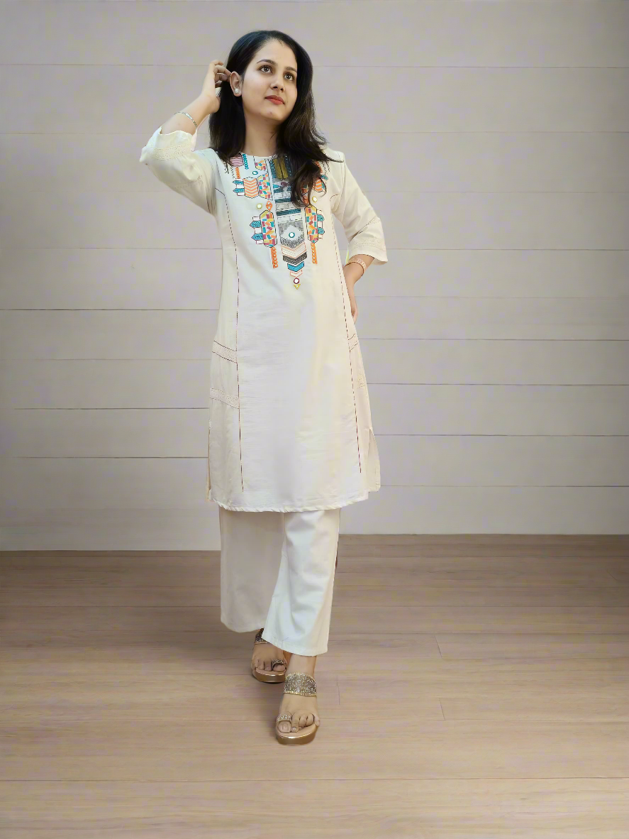 DH121-W-Khadi Cotton Embroidered Kurta Set - Dharini's Store