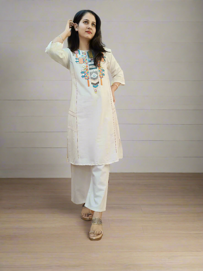 DH121-W-Khadi Cotton Embroidered Kurta Set - Dharini's Store