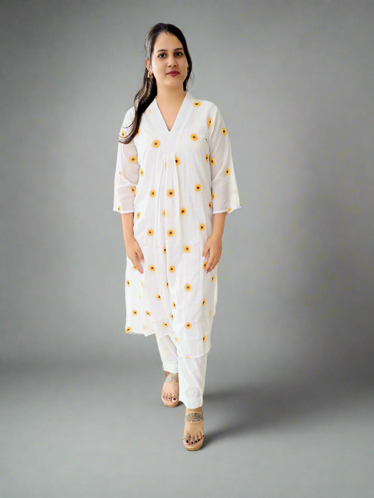 DH187- Sunny White Sunflower Embroidered Suit Set