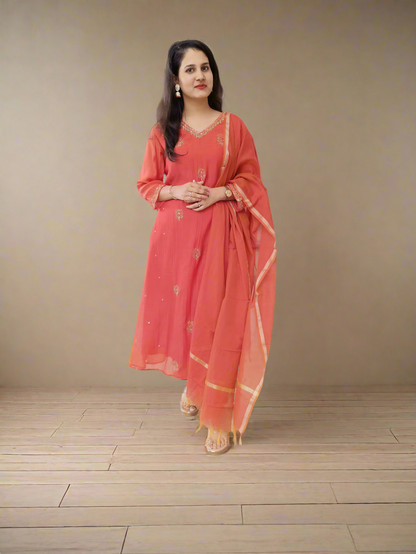 DH176-R-Rust colour Embroidered Kurta Set - Dharini's Store