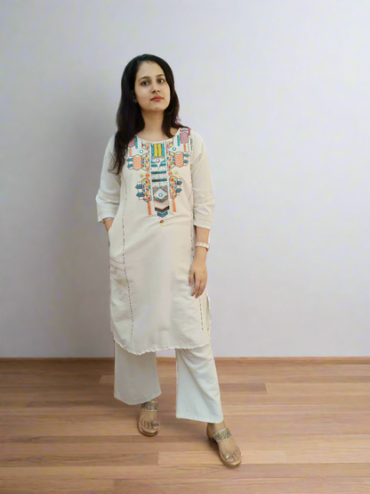 DH121-W-Khadi Cotton Embroidered Kurta Set - Dharini's Store