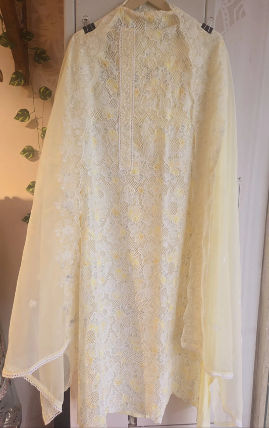 Elegant cream cotton crochet lace dress material with floral patterns and matching dupatta