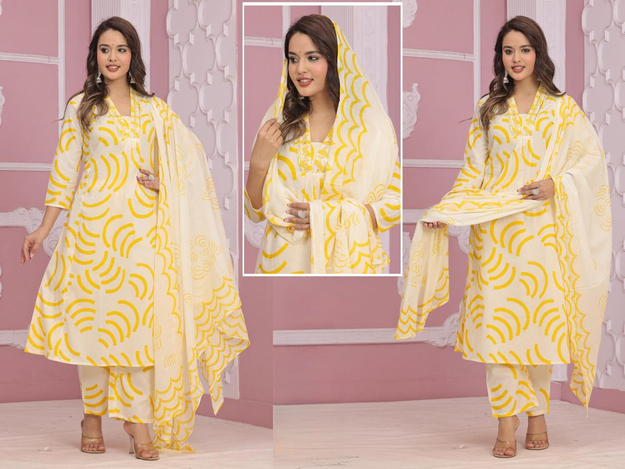 Cream and yellow cotton suit for women with traditional printed design and matching dupatta