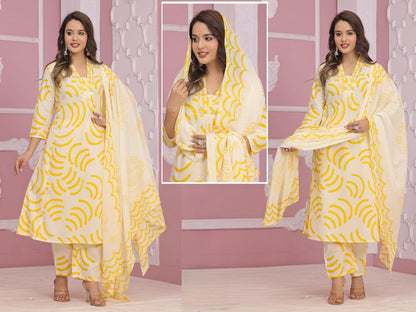 Cream and yellow cotton suit for women with traditional printed design and matching dupatta