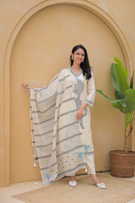 Woman wearing a cream embroidered suit set with striped dupatta posing indoors by an arched wall