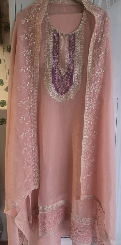 Pink crushed soft tissue kurta with intricate white and purple embroidery and matching embroidered dupatta