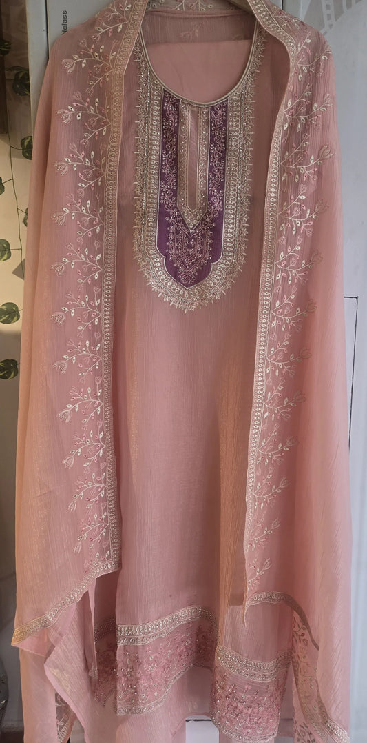 Pink crushed soft tissue kurta with intricate white and purple embroidery and matching embroidered dupatta