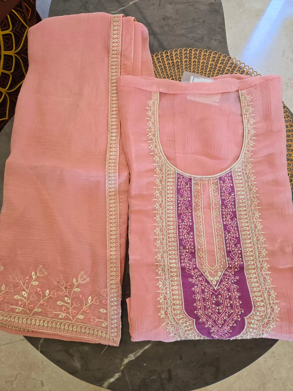 Pink crushed soft tissue kurta with intricate purple and white embroidery from Dharini's Store