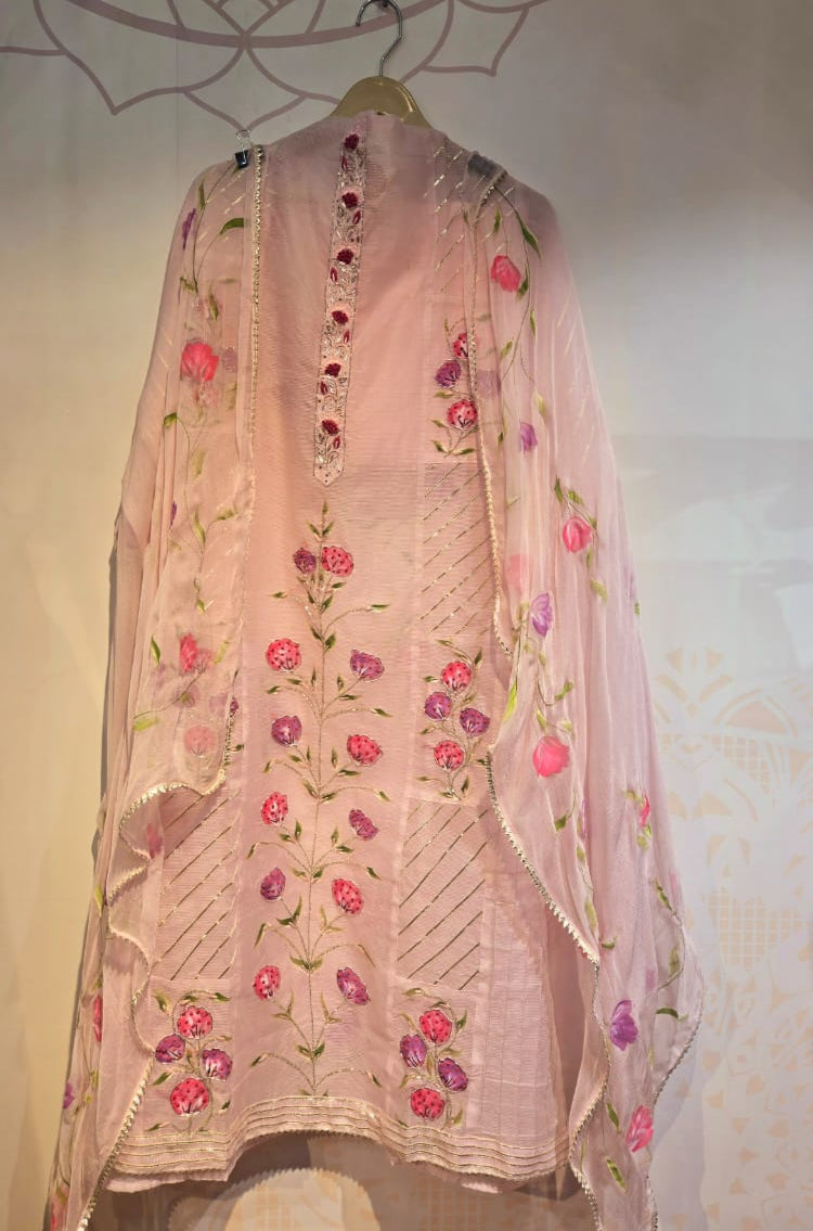 DHOO9-P Pure Kota Doria Unstitched  Pink Suit