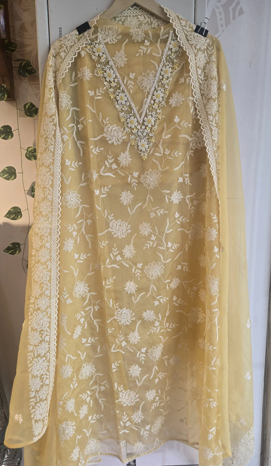 Light yellow embroidered thread work suit with floral patterns and lace detailing hanging on a hanger