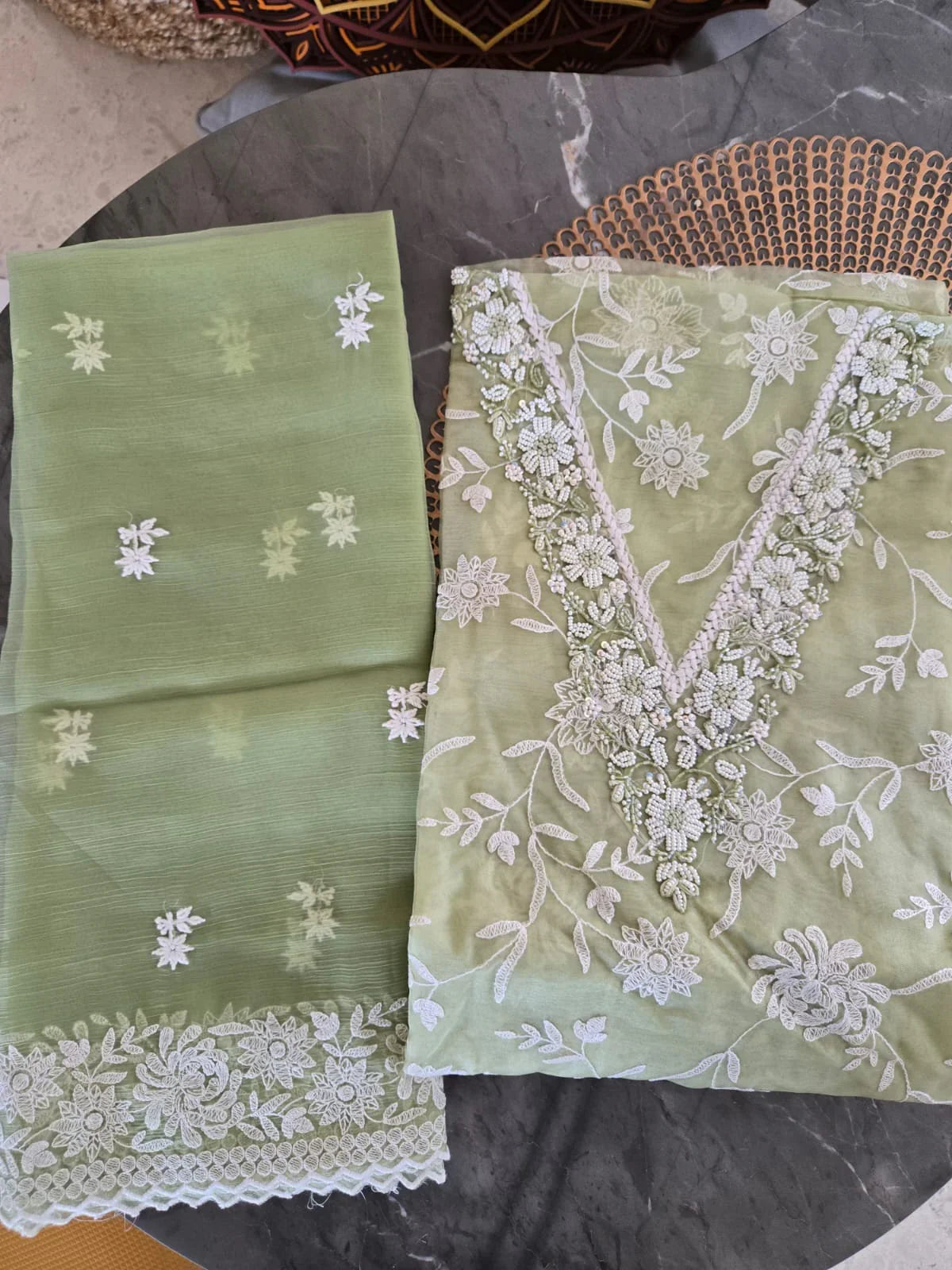 Light green embroidered thread work suit with floral white thread embroidery and delicate lace border